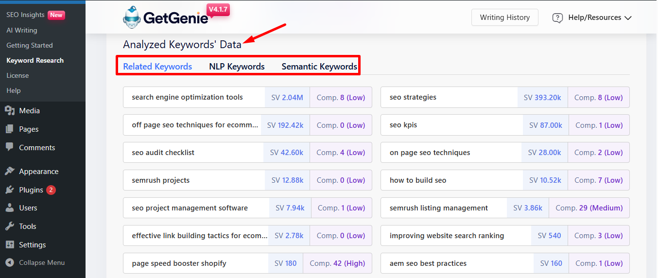 Analyze keyword data with GetGenie's keyword research feature