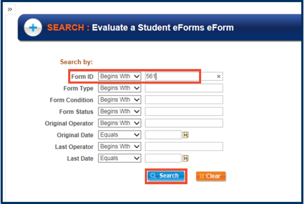 Form ID field and "Search" button emphasized with red box highlight.