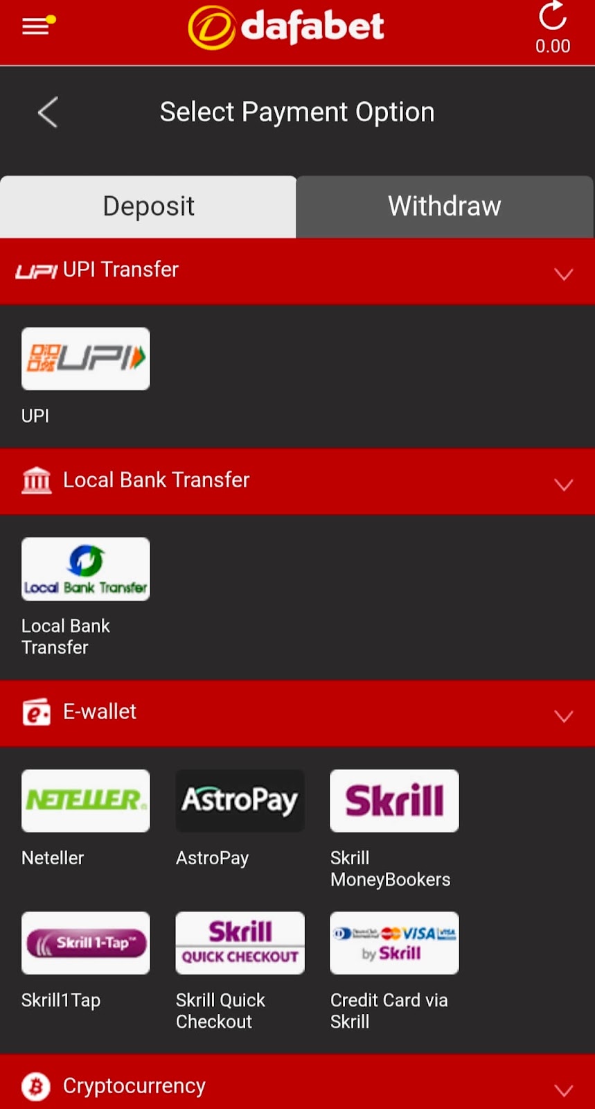 Dafabet select payment option page mobile app