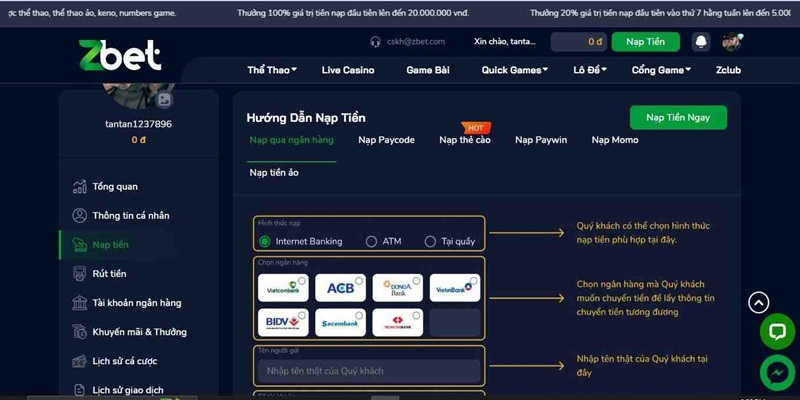 Nạp tiền Zbet qua ngân hàng