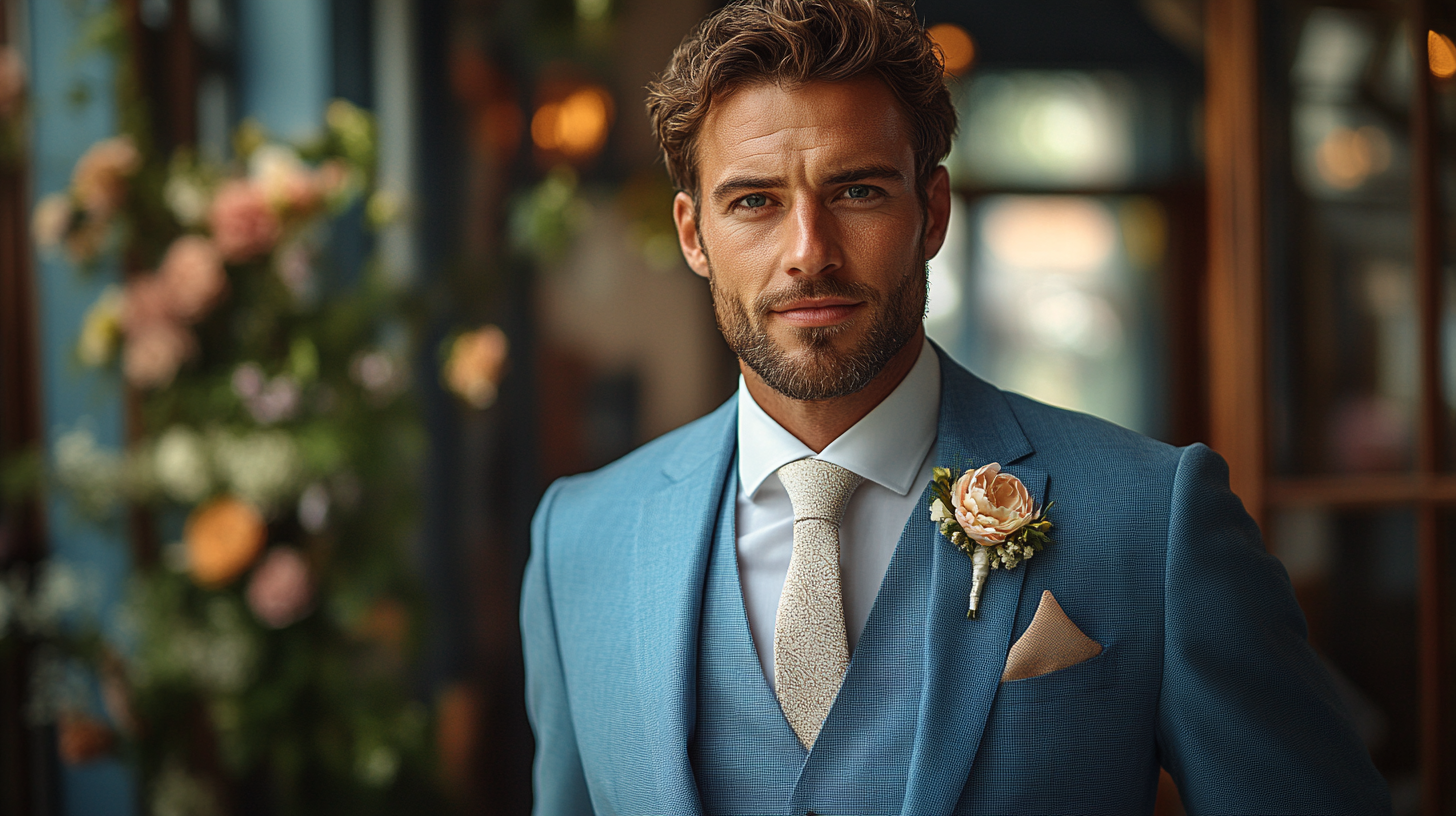 A well-dressed man wearing a light blue suit with a crisp white shirt. The setting is a wedding venue with elegant décor, soft lighting, and a sophisticated atmosphere. The suit is perfectly tailored, with a matching tie, flower pin, and polished dress shoes. Photorealistic, high detail, fashion photography style.