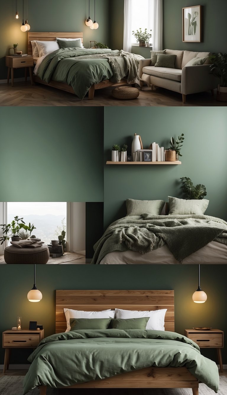 A cozy bedroom with sage green walls, a plush bed with matching green bedding, and soft, ambient lighting. Subtle accents of natural wood and white furniture create a calming and serene atmosphere