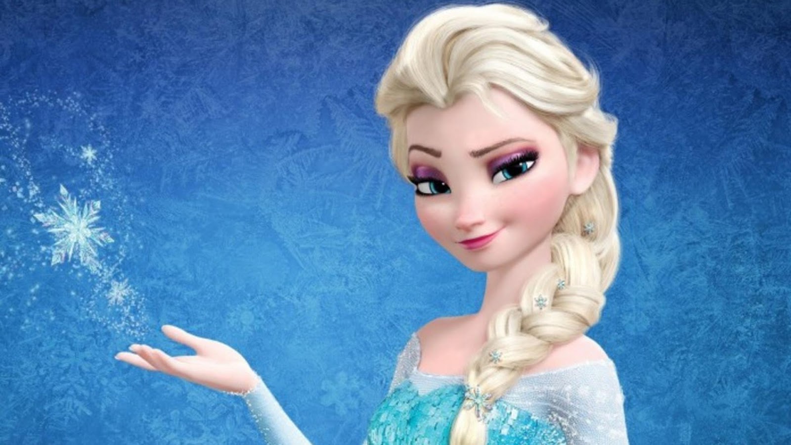 Personaje animado Elsa de Frozen creando un copo de nieve con su mano, fondo de hielo azul.