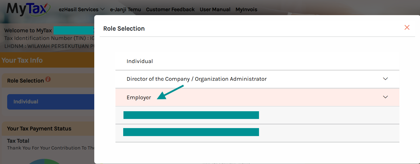 Screencap of MyTax Portal dashboard  showing role selection pop-up and option to select 'Employer'