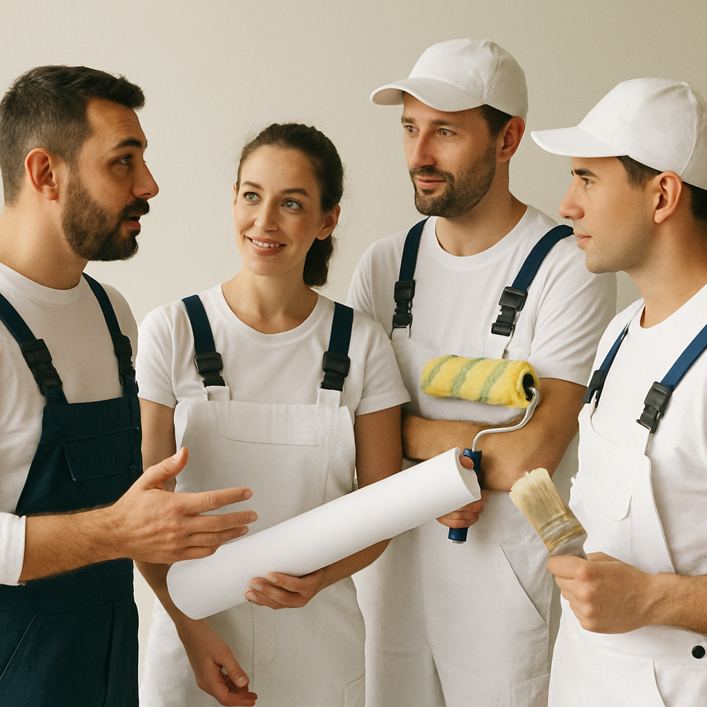 A team of professional painters discussing a project