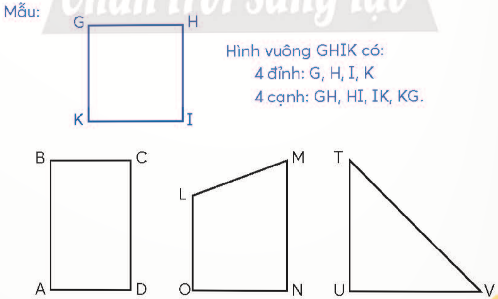 BÀI 12.HÌNH TAM GIÁC.HÌNH TỨ GIÁCTHỰC HÀNHBài 1: Nói theo mẫu  Giải nhanh:Hình chữ nhật BCDA có:4 đỉnh: B, C, D, A4 cạnh: BC, CD, DA, ABHình tứ giác OLMN có:4 đỉnh: O, L, M, N4 cạnh: OL, LM, MN, NOHình tam giác UTV có:3 đỉnh: U, T, V3 cạnh: UT, TV, VULUYỆN TẬP