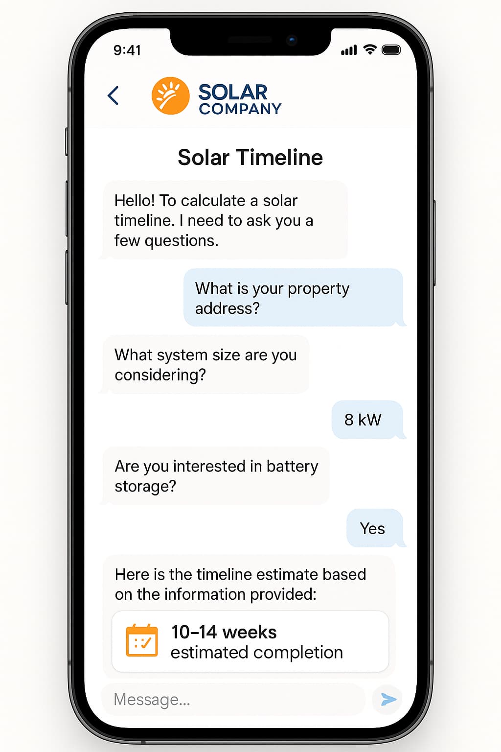 Solar timeline estimation chatbot interface showing how to get solar leads through automated timeline calculations.
