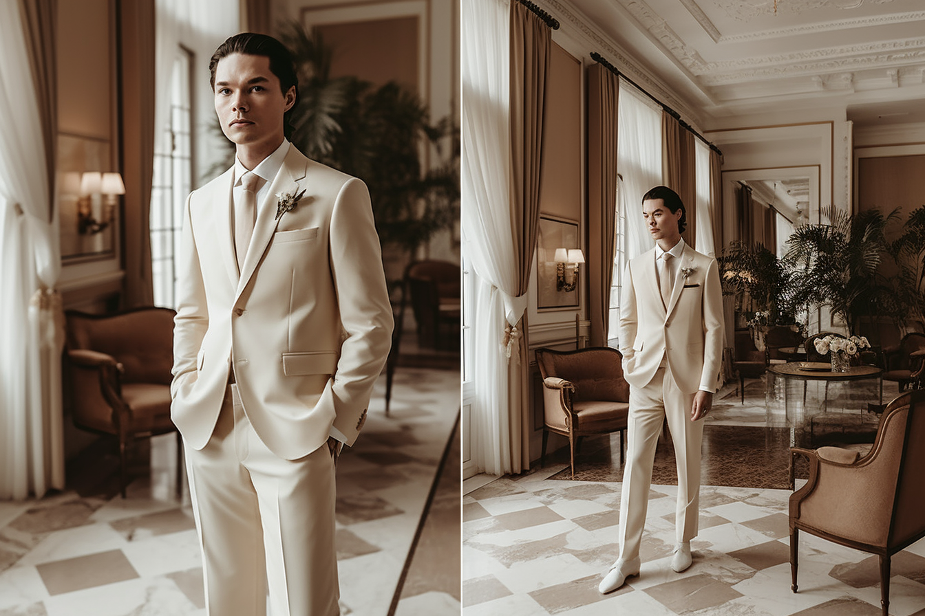 
A groom in a sophisticated cream-colored suit, standing elegantly in a refined wedding venue. The cream shade offers a warmer, more subtle alternative to traditional white, giving the groom a gentle and refined appearance. The suit is perfectly tailored, with delicate details and polished shoes adding to the overall elegance. The soft cream tone blends seamlessly with the venue’s luxurious décor, creating a timeless and sophisticated wedding atmosphere