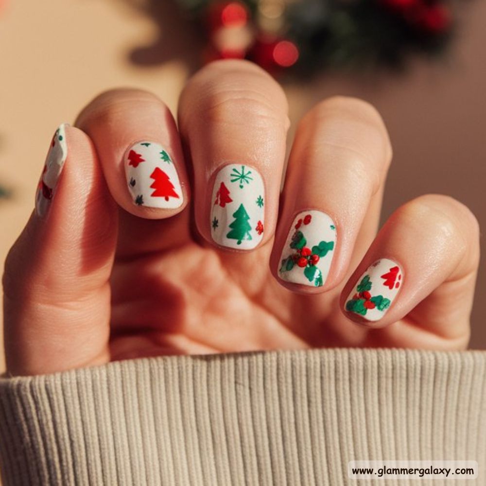 Short Christmas Nails having Cute Pattern Nail Art