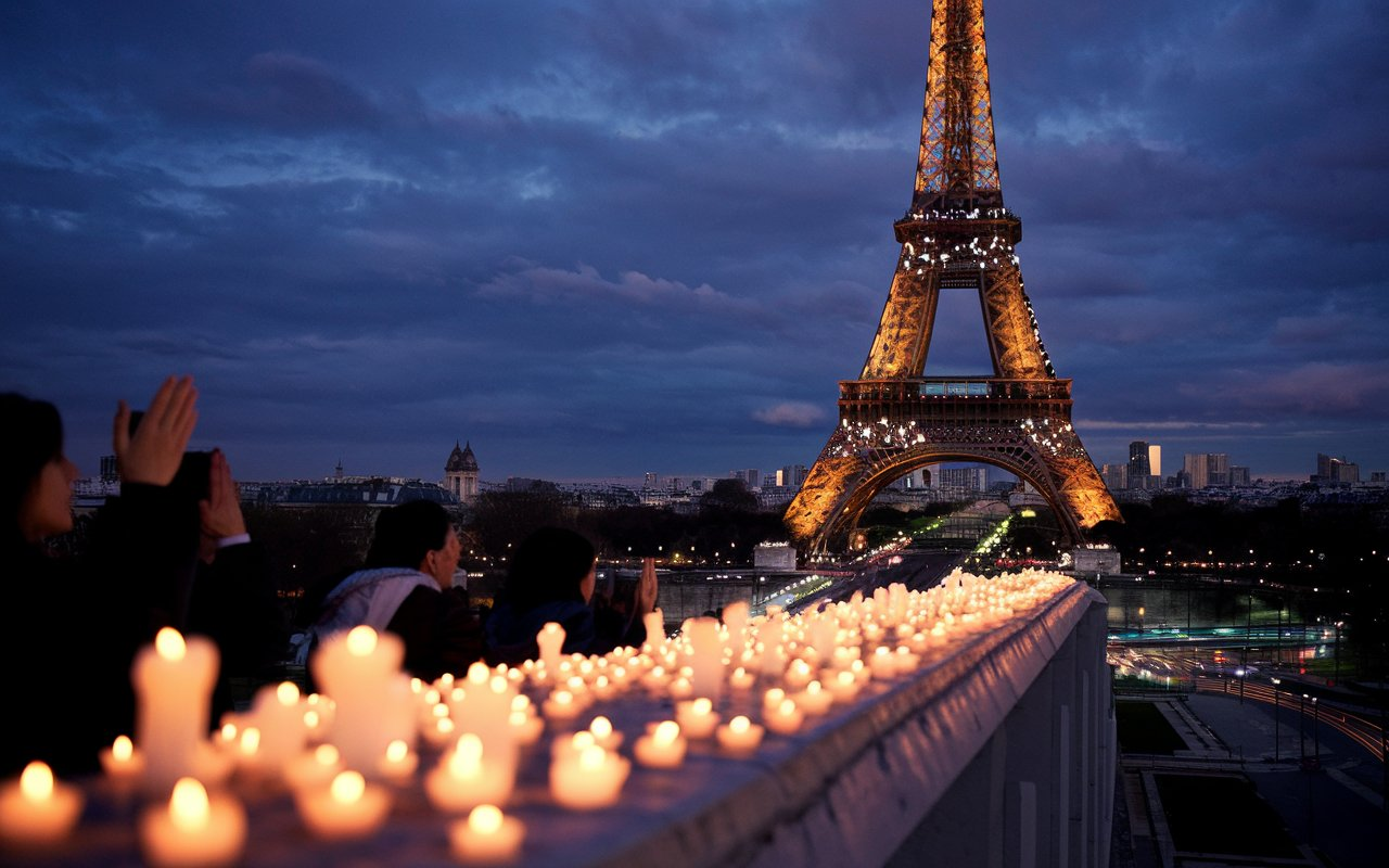 Eiffel Tower Lit Candles Pray Olympic Paris 2024