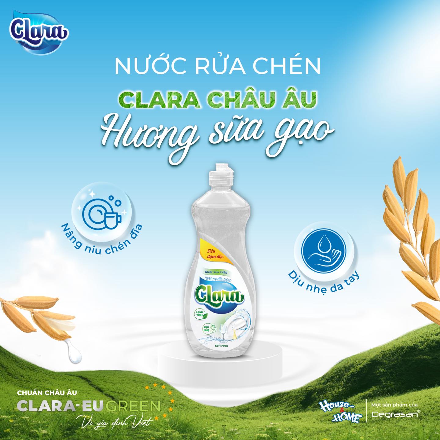 Nước rửa chén Clara hương sữa gạo x2 Glycerin làm mềm da tay