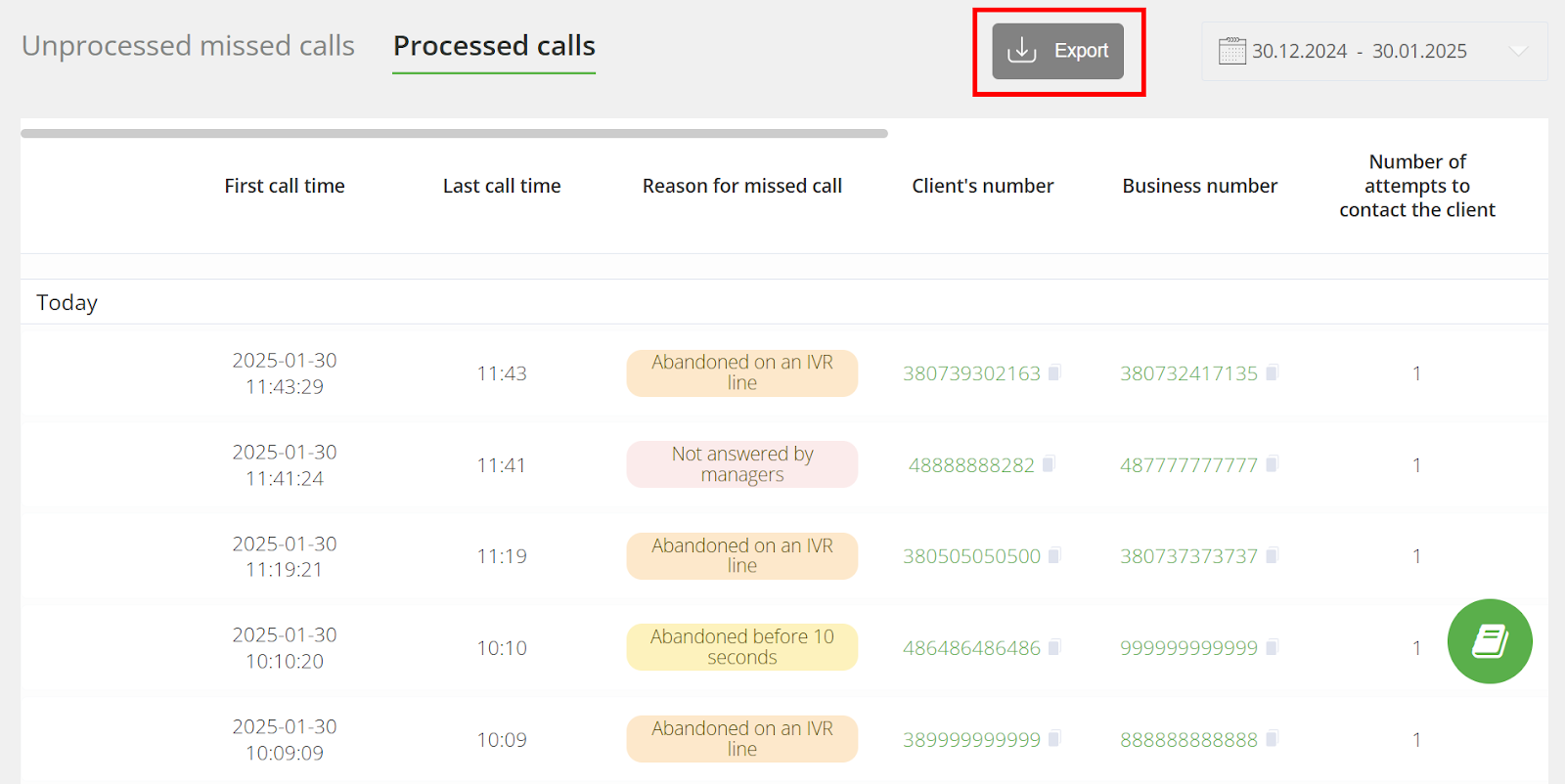 Ringostat updates, export report on missed unprocessed calls