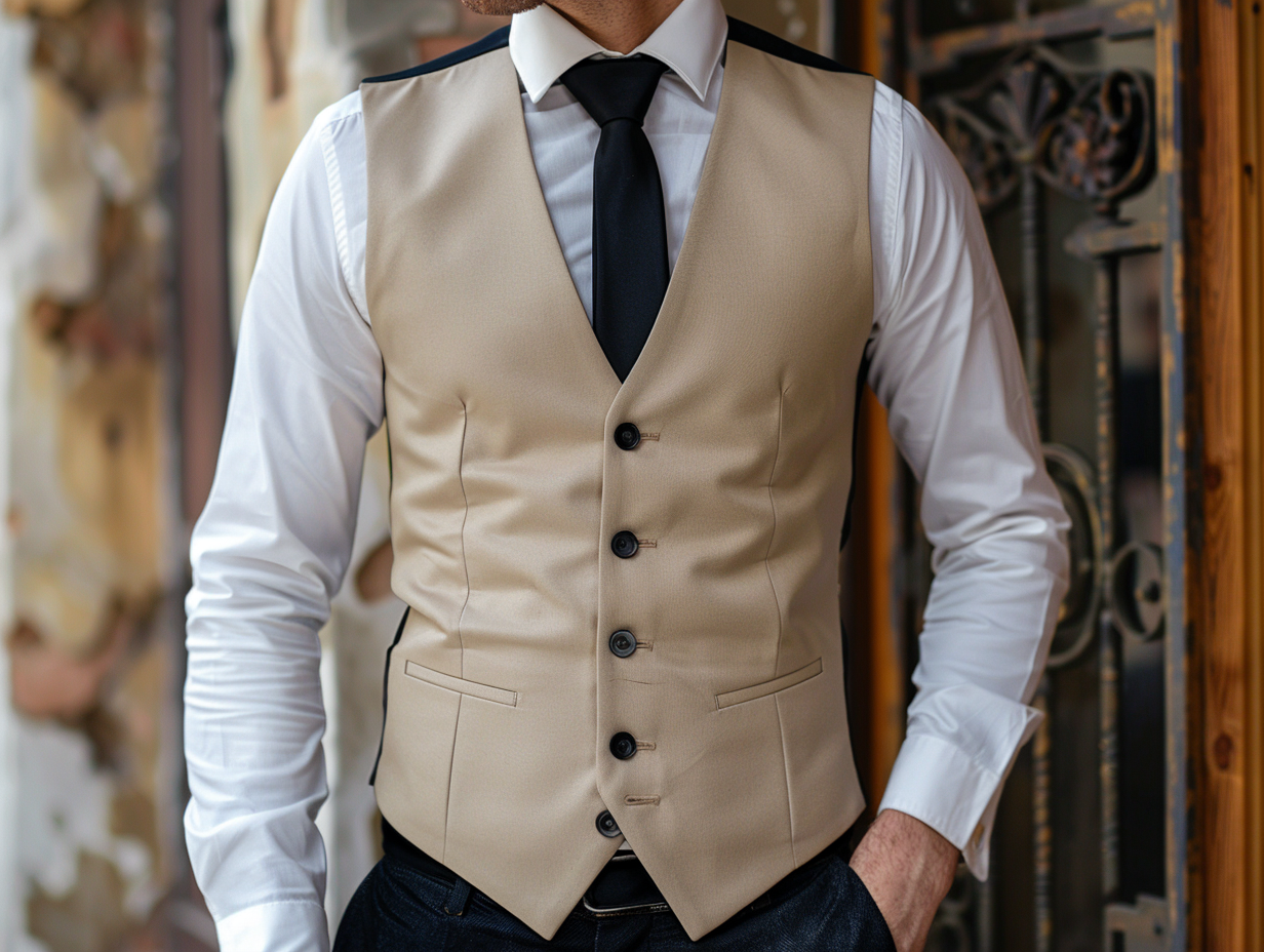 A man wearing a classic single-breasted vest with a sleek, modern fit. Featuring a single row of buttons, this versatile style complements both formal and casual outfits. The look is sharp, flattering, and easy to wear for various occasions.
