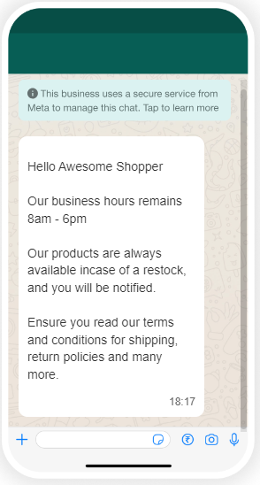 A General Information message on WhatsApp from a retail/ecommerce platform