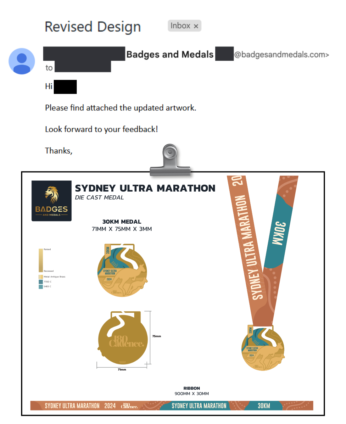 Email showing Badges And Medal's customer service update showing updated artwork.