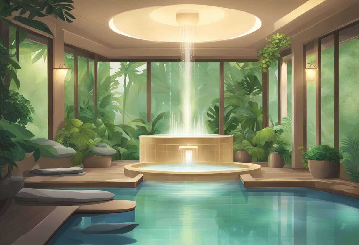 A serene spa room with a bubbling fountain as the focal point, surrounded by lush greenery and soft, ambient lighting