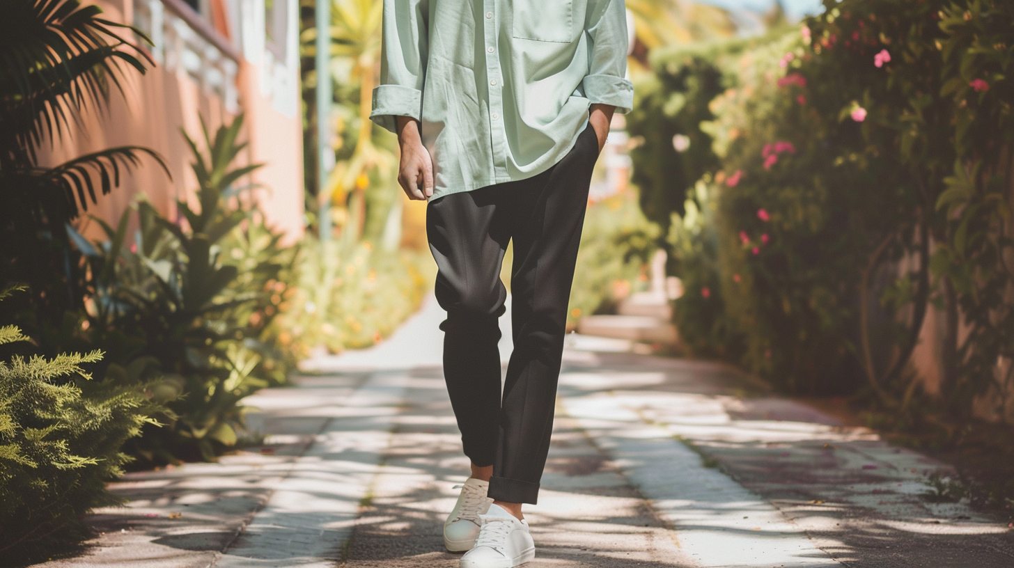 Fresh spring outfit featuring a man in a light mint green shirt with black tapered pants, minimalist styling, white sneakers or loafers, set in a clean, bright outdoor scene, relaxed posture, simple accessories, soft natural lighting