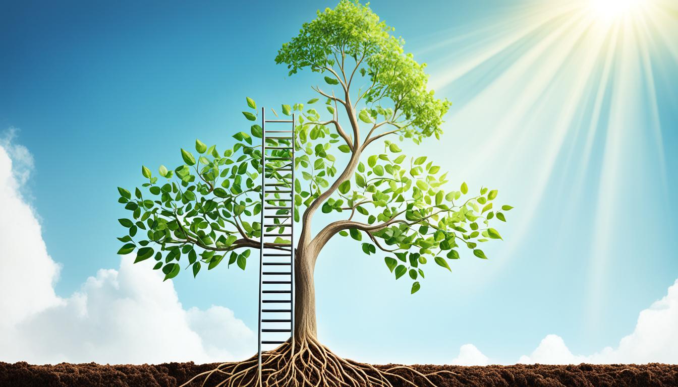 A flourishing tree with roots deep in the ground, representing stability and growth, with a ladder leaning against it reaching towards the sky. The top of the ladder disappears into a bright and shining light, symbolizing the endless possibilities and opportunities for career growth.