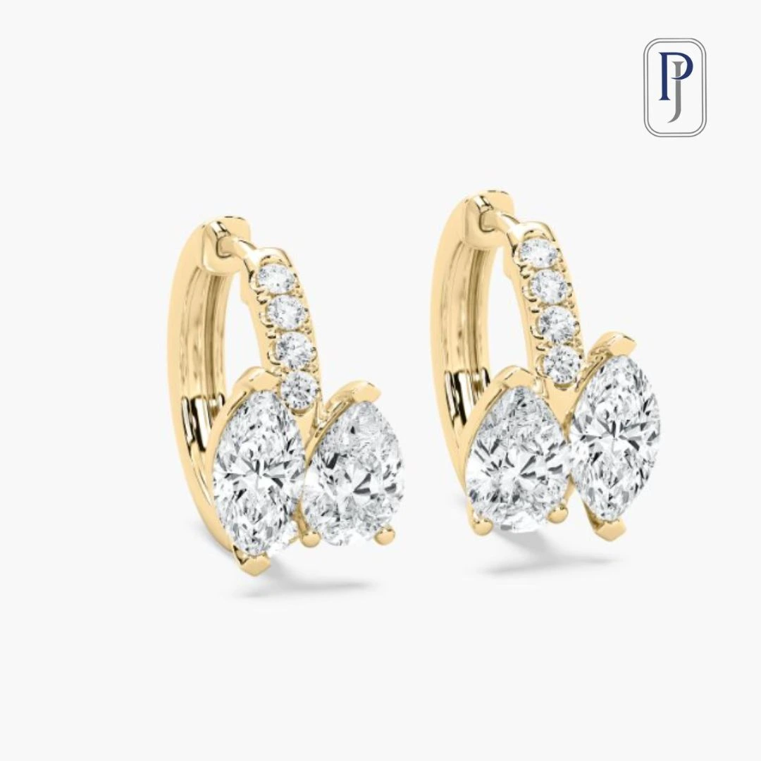 Marquise, pear and round diamond yellow gold yellow gold huggie earrings good choice for office wear jewelry.
