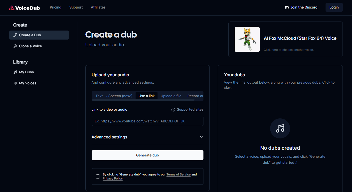 VoiceDub: Deepfake Fox McCloud AI Voice Generator