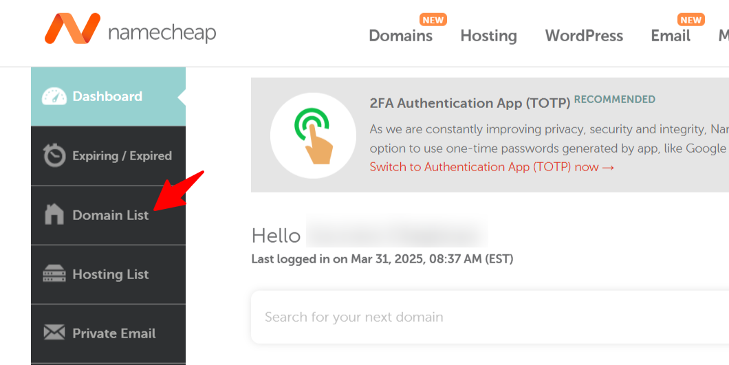 NameCheap DNS verification start