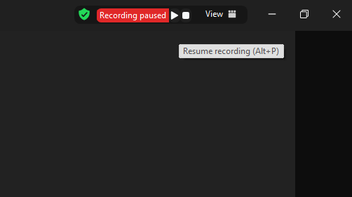 Screenshot displaying the Zoom interface with a 'Recording paused' notification and an option to 'Resume recording' using Alt+P.