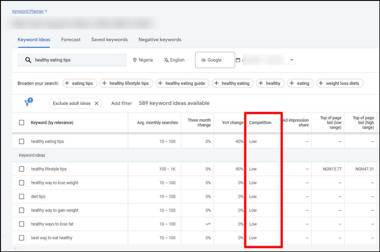 Google Keyword Planner — Keyword competition