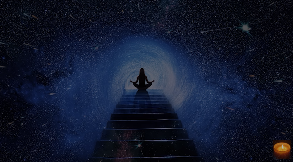 A person meditating at the top of a staircase in the center of the image, surrounded by a starry night sky featuring shooting stars, with a lit candle on the bottom right. 