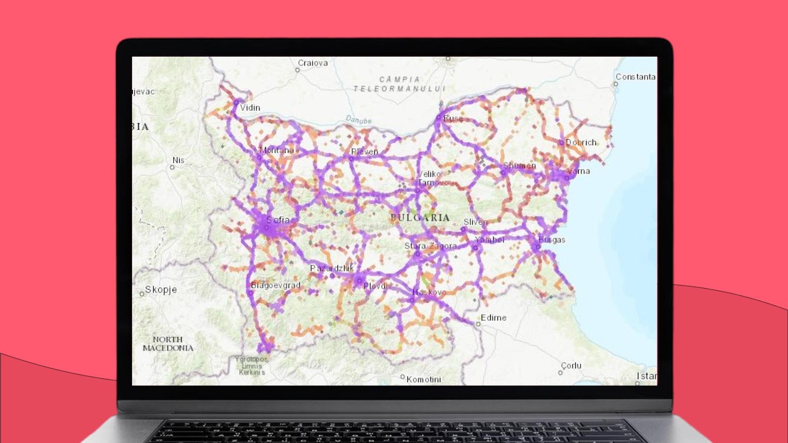 Mapa Bułgarii z zaznaczonym obszarem zasięgu sieci komórkowej Vivacom Mobile