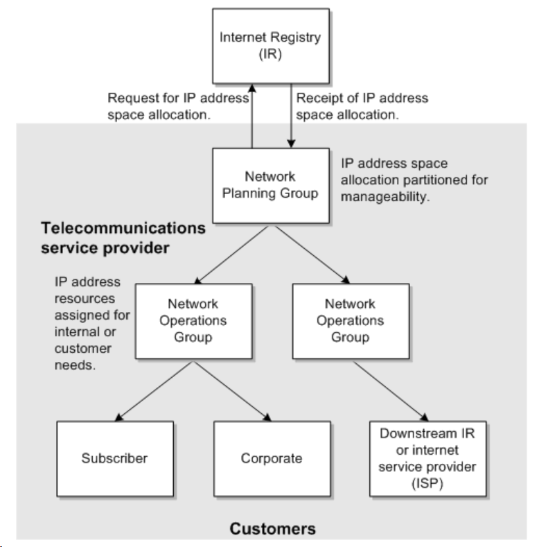 The image shows a hierarchical diagram illustrating the IP address allocation process from the Internet Registry to various levels of telecommunications service providers and customers. 