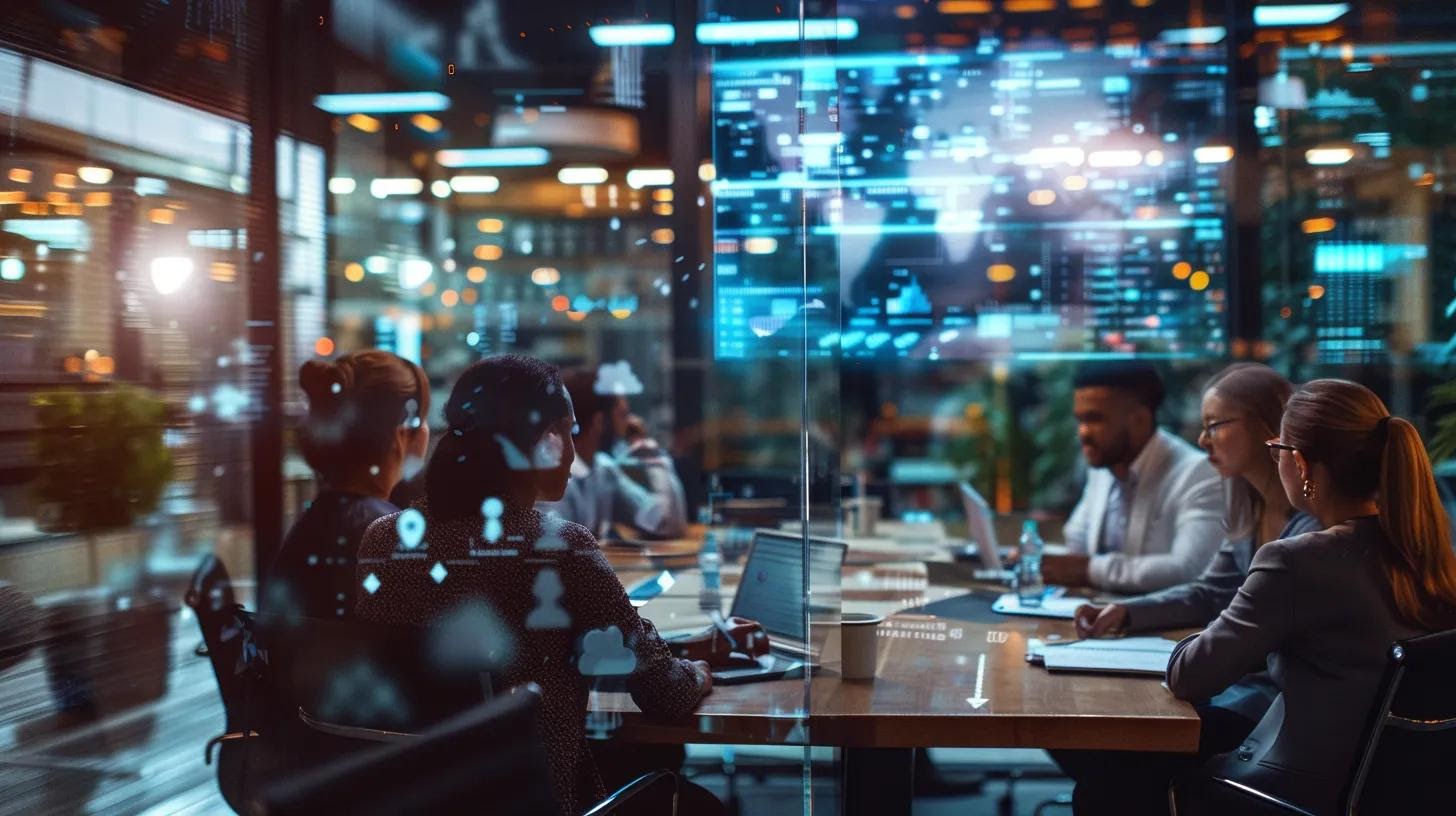 a bustling modern office environment showcases a diverse team engaging in strategic discussions around a conference table, with a sleek ai interface displayed on a digital screen, symbolizing empowerment and collaboration in overcoming routine tasks.