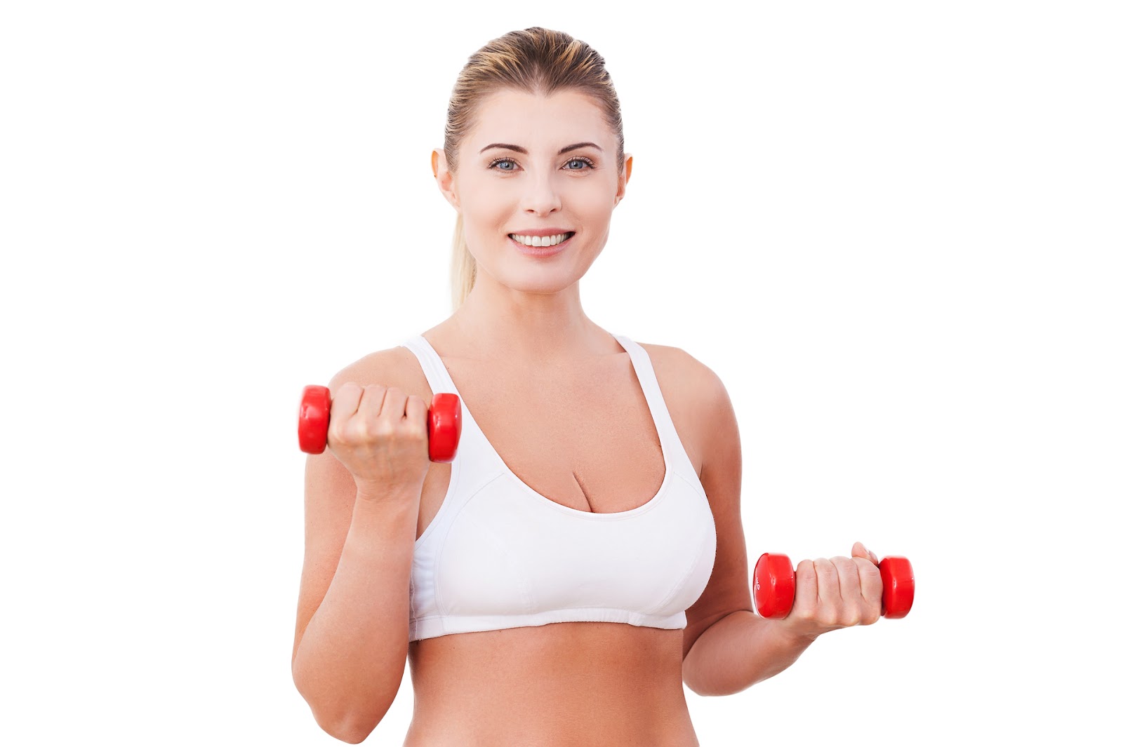 femeie cu gantere in maini face sport