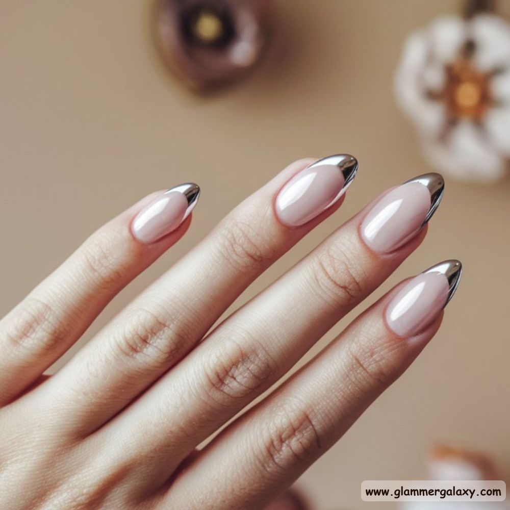 Almond Shaped Nails having Chrome French Tips Swirly Chocolate tips nail art