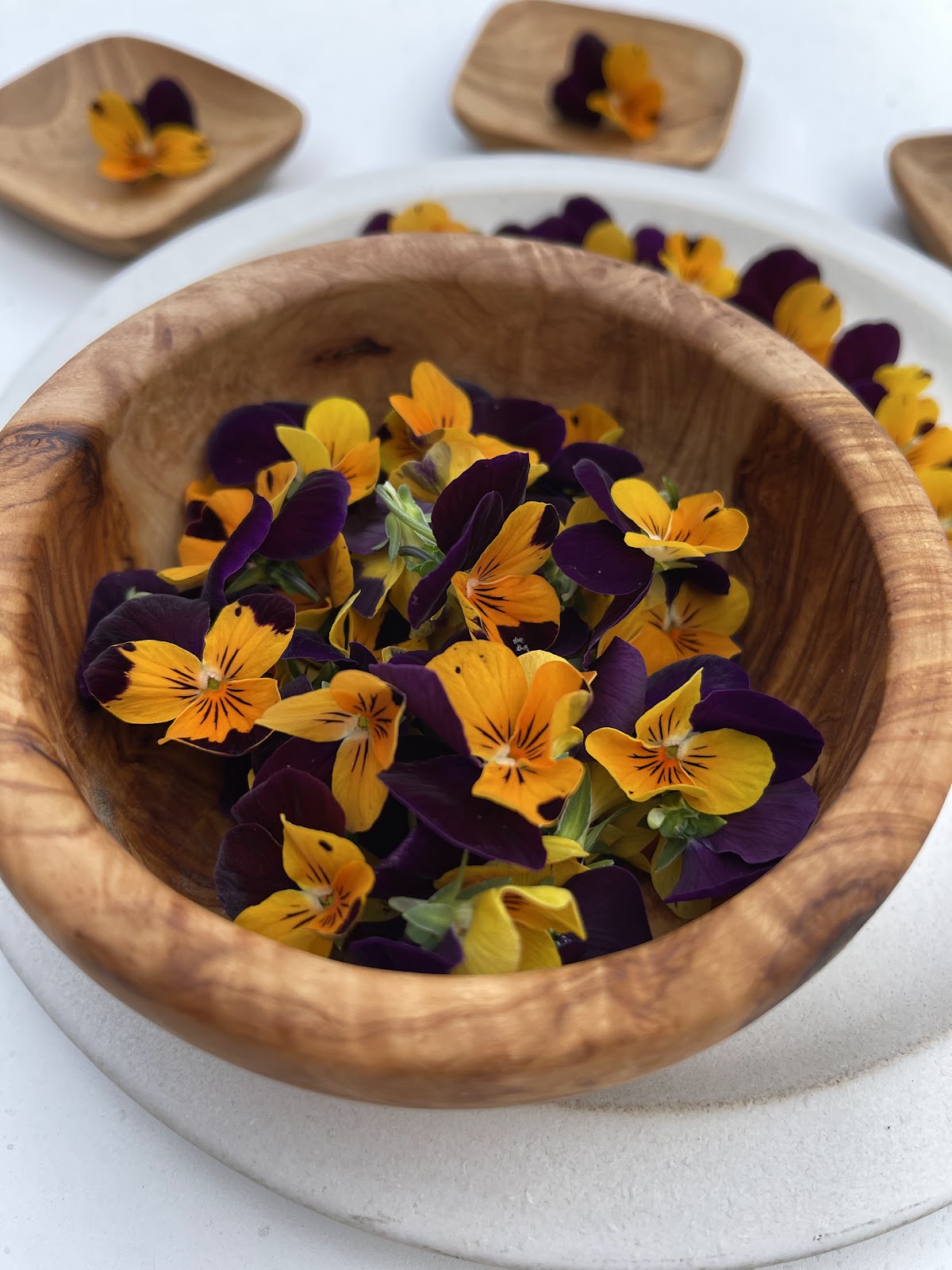 Close-up shot of a bowl of edible flowers from Planted Detroit.