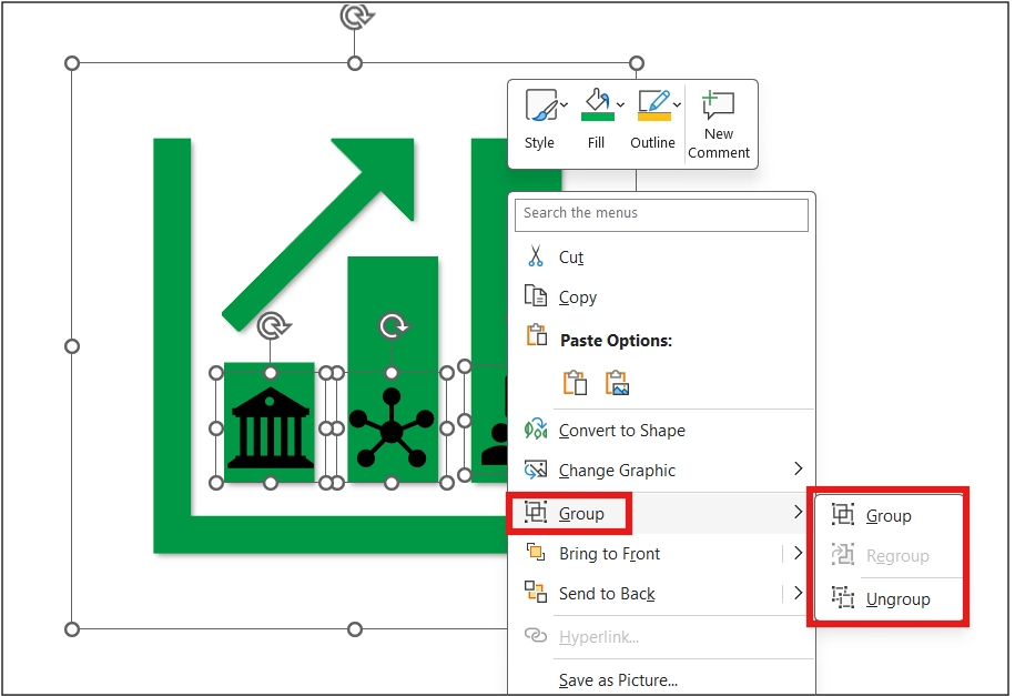 Icons are selected. Group > Group, Regroup, Ungroup are highlighted in  the context menu.