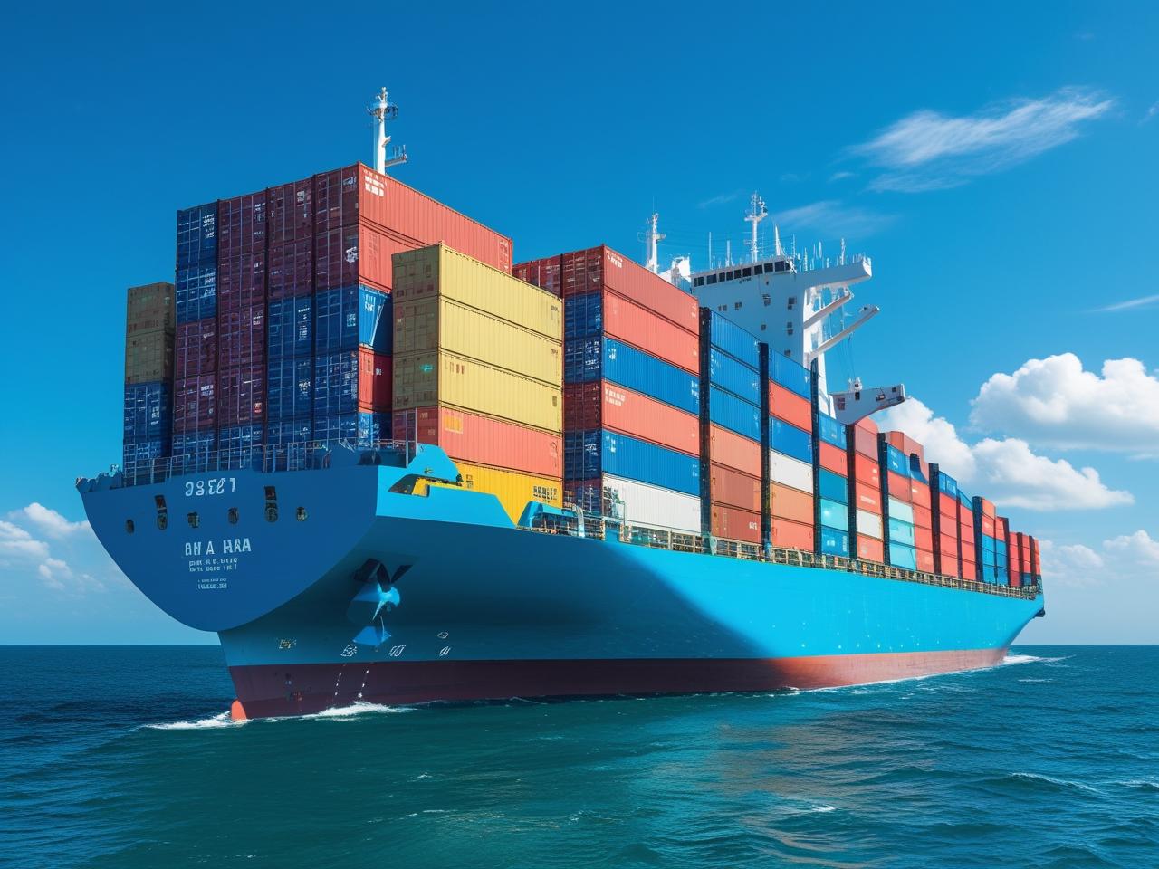 Cargo ship transporting international freight on ocean