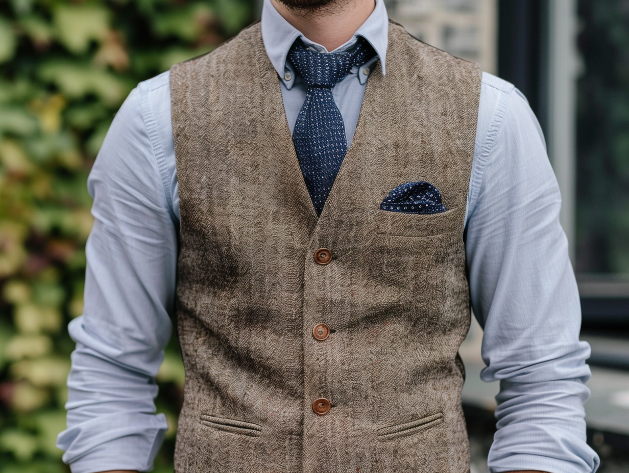 A man wearing a cloth-backed vest, made from the same fabric as the front for a uniform and sleek appearance. The vest is worn without a jacket, perfect for casual or less formal events where a full suit is unnecessary. The look is clean, modern, and ideal for relaxed yet polished occasions.