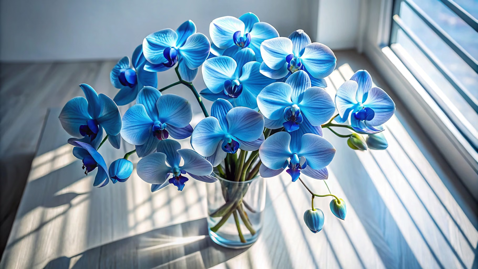 Arranjo de orquídeas azuis em vaso visto de cima com iluminação natural