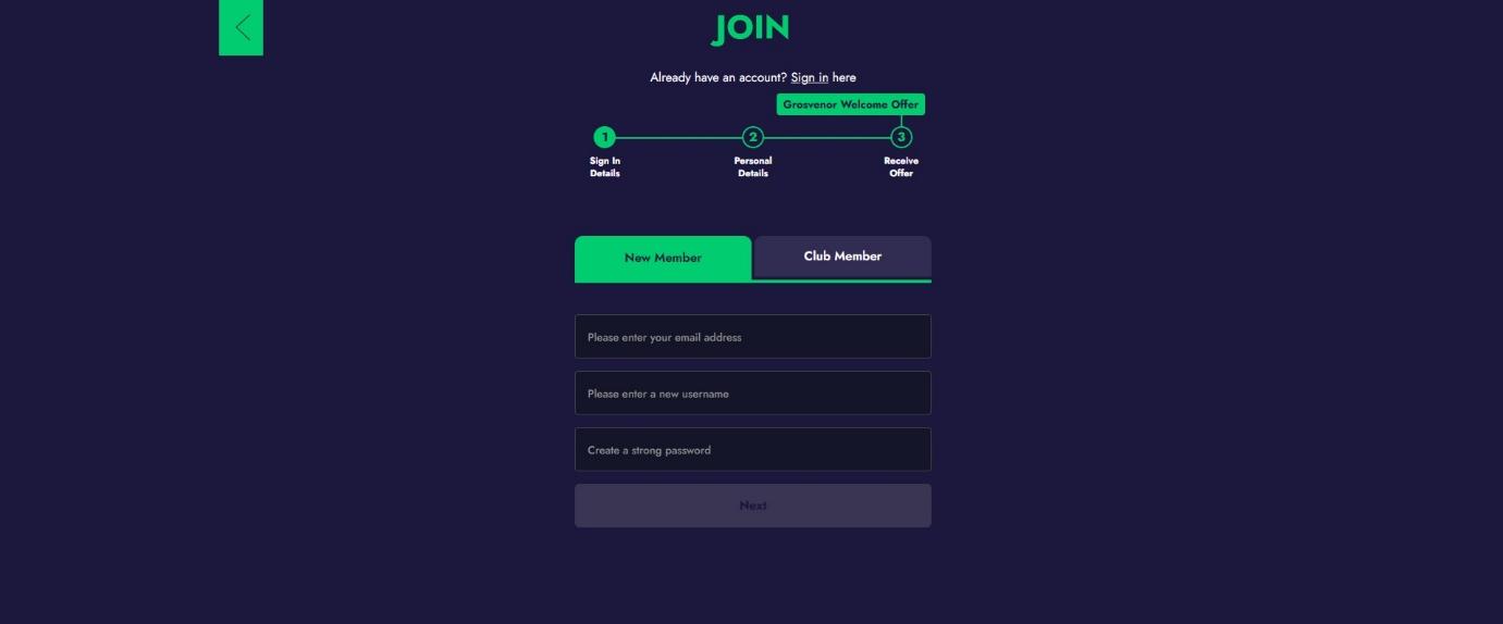 How to sign up to Grosvenor Casino - step two