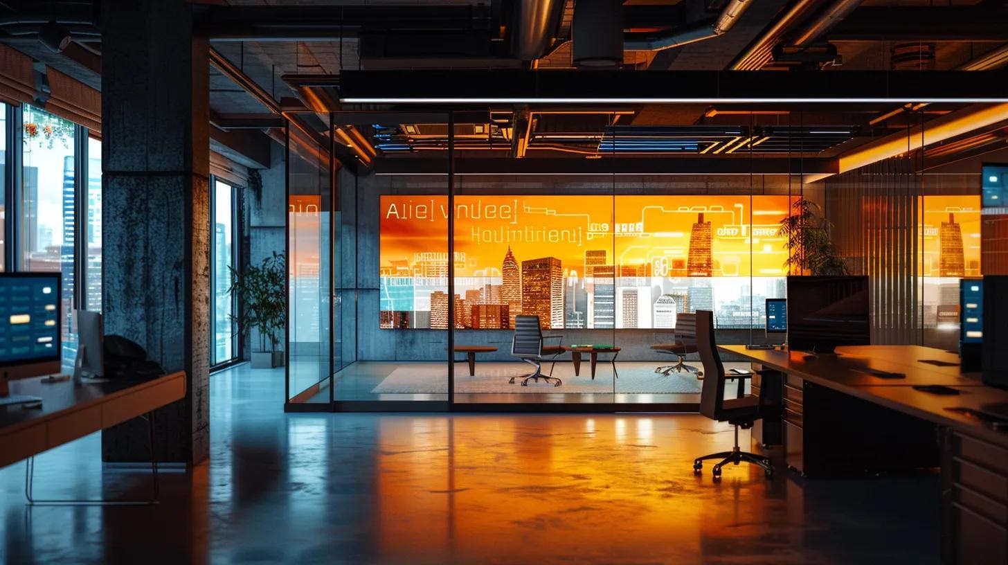 a sleek, modern office space featuring a large digital display showcasing bold typography and interactive animations, illuminated by dynamic lighting to reflect the cutting-edge trends of user-centric web design.