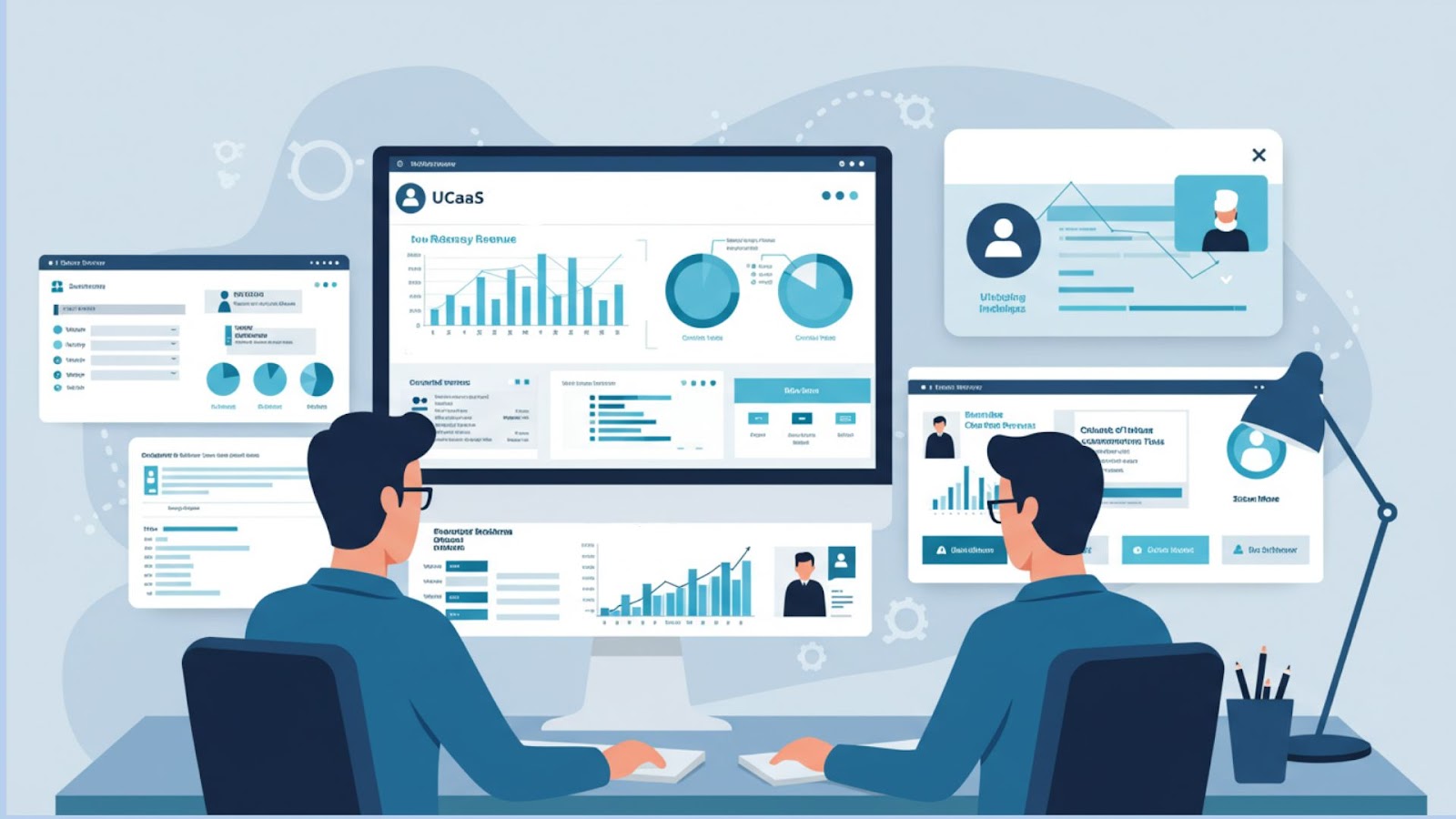 Resellers managing a branded UCaaS dashboard, highlighting the scalability and ease of white label telecom solutions.