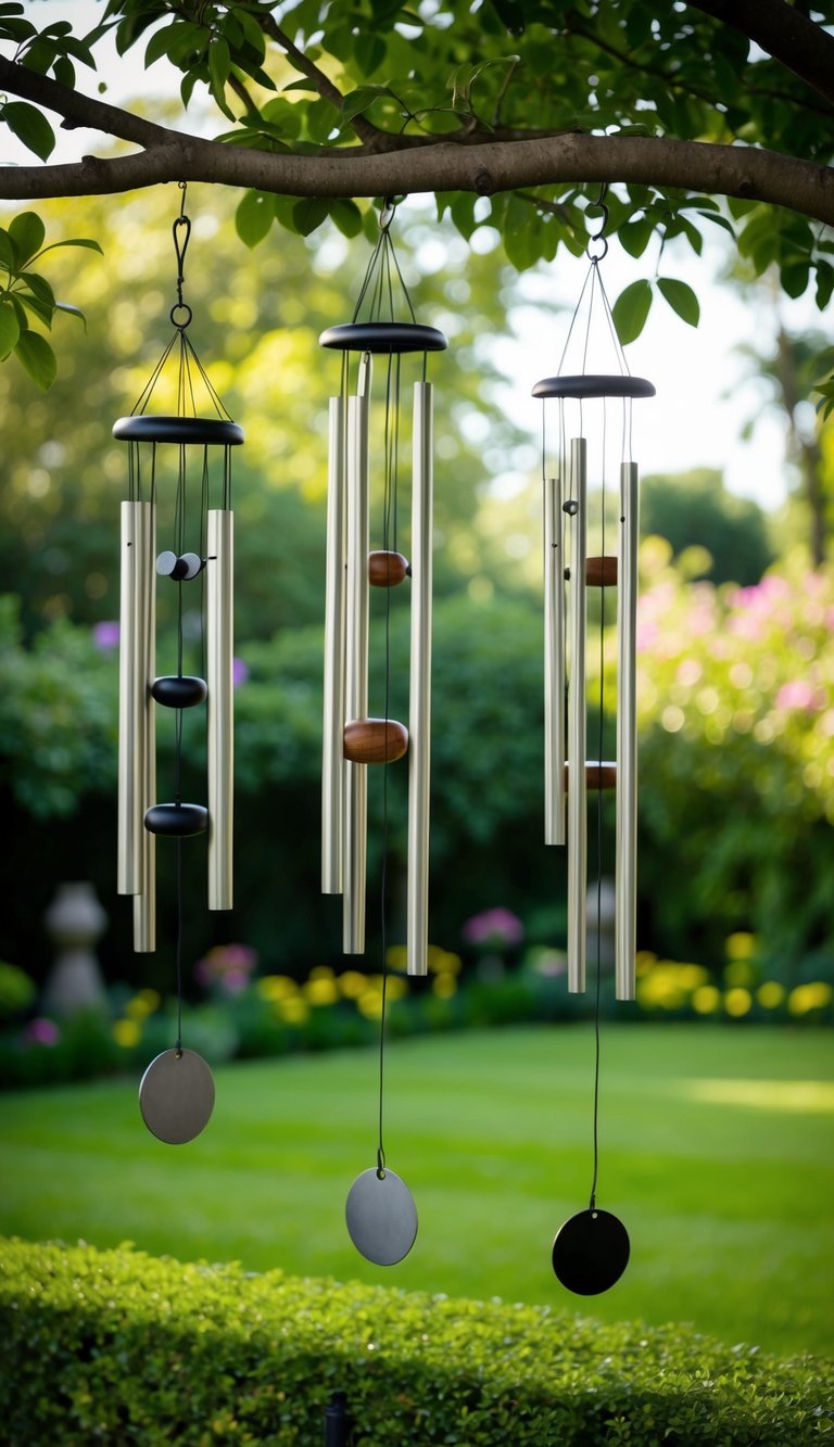 A lush garden with various wind chimes hanging from tree branches, creating a peaceful and harmonious atmosphere