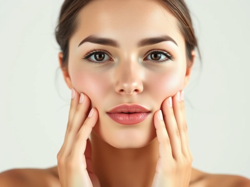 Woman performing Puff Your Cheeks facial yoga exercise for glowing skin