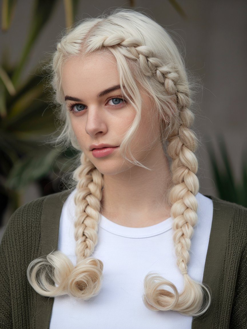 17. Platinum Blonde Braids with Soft Curls