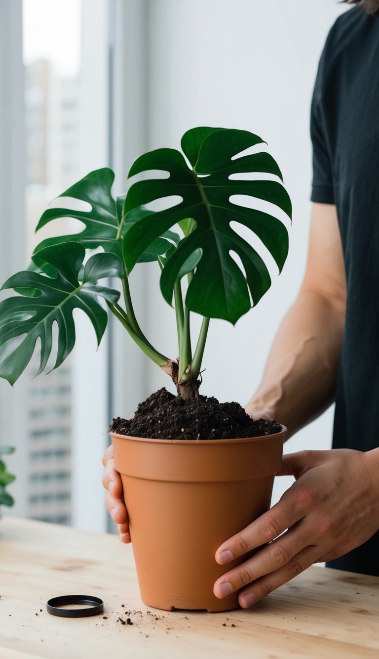 A pair of hands repotting a Monstera plant into a new pot filled with fresh soil