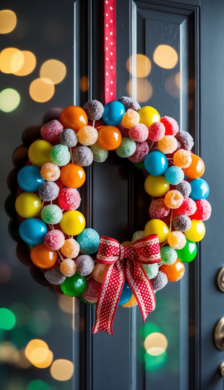 A colorful candy wreath adorned with gumdrops and other sweets, hanging on a festive holiday door