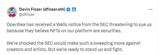 OpenSea执行长发布的推文