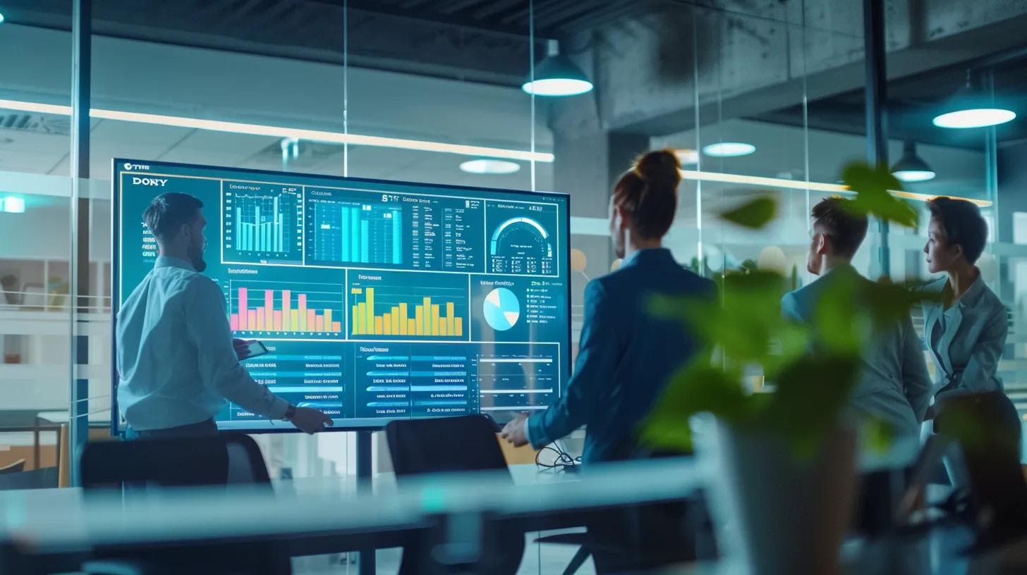 A high-tech sales team monitors a dashboard on a large digital screen displaying CRM metrics, lead activity, and AI-generated insights in a sleek, glass-walled office—team members nod in agreement as results and performance charts clearly reflect improved outreach efficiency.