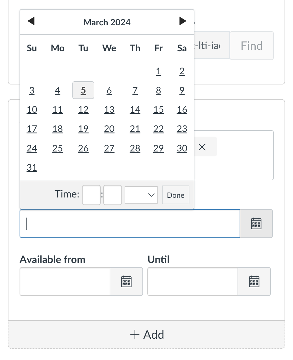 A calendar date picker in the New Quizzes interface. See caption for details.