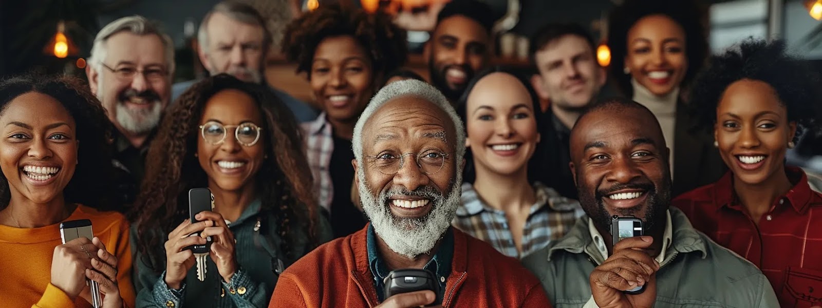 a diverse group of drivers smiling and holding car keys, representing different age groups and professions, with a backdrop of a car insurance agency promoting various discounts and savings opportunities.